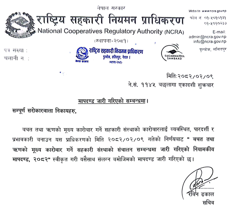 बचत तथा ऋणको मूख्य कारोबार गर्ने सहकारी संस्थाको संचालन सम्बन्धमा जारी गरिएको नियामकीय मापदण्ड, २०८२